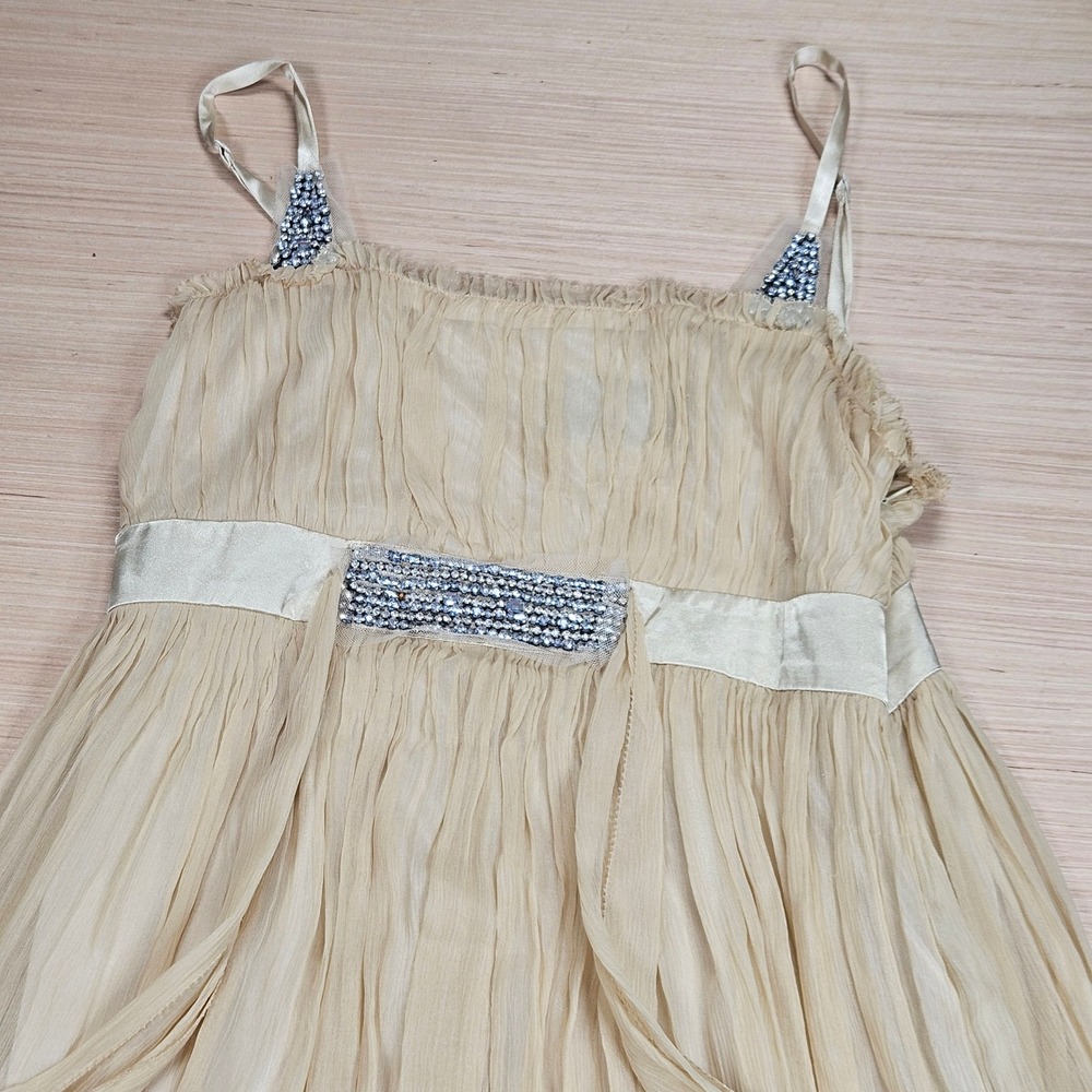 Shulami Silk Beaded Mini Dress Women L Beige Empire Waist Chiffon Party SZ56